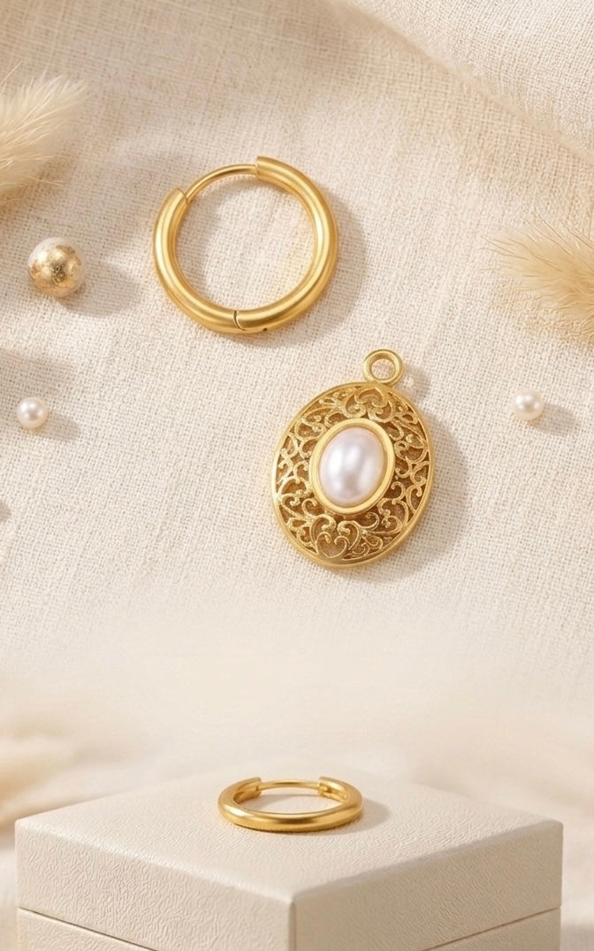 Gold Filigree Pearl Charm Hoop Earrings