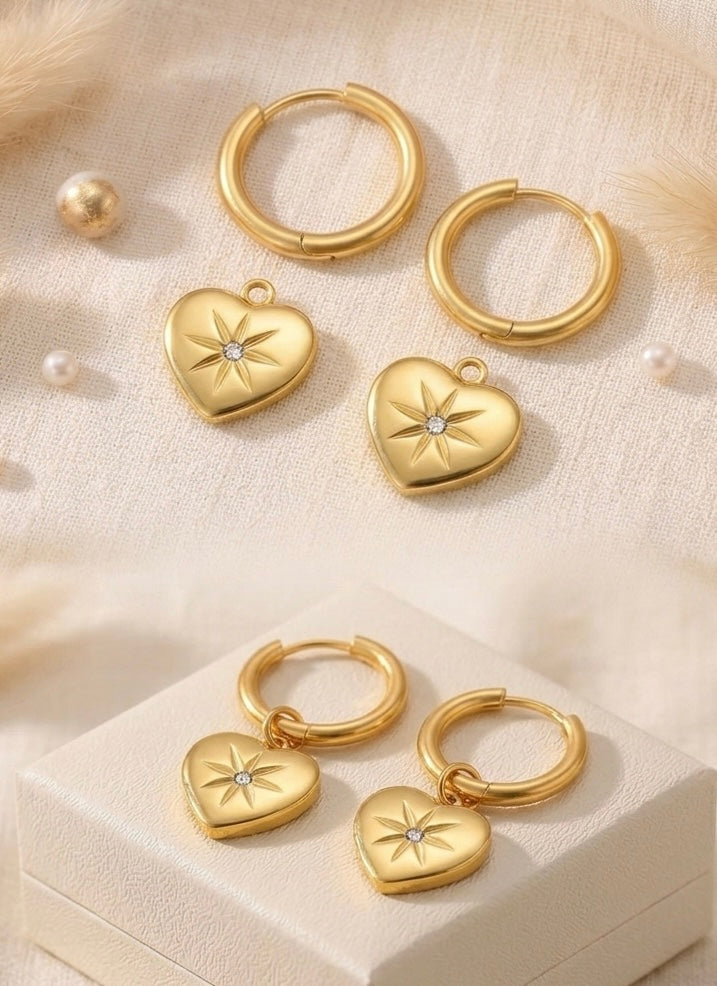 Gold Heart Star Charm Hoop Earrings