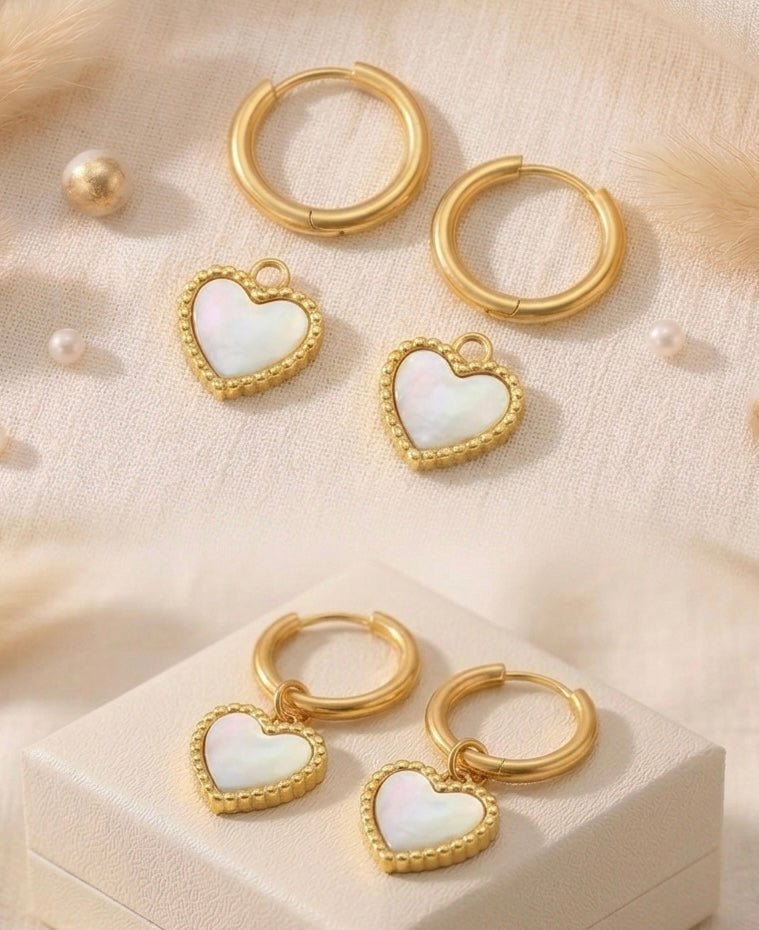 Gold Mother-of-Pearl Heart Hoop Earrings
