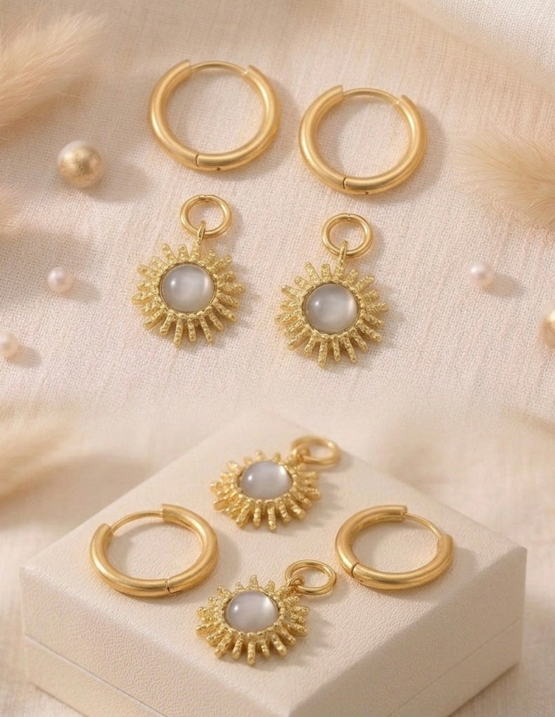 Gold Sunburst Moonstone Charm Hoop Earrings
