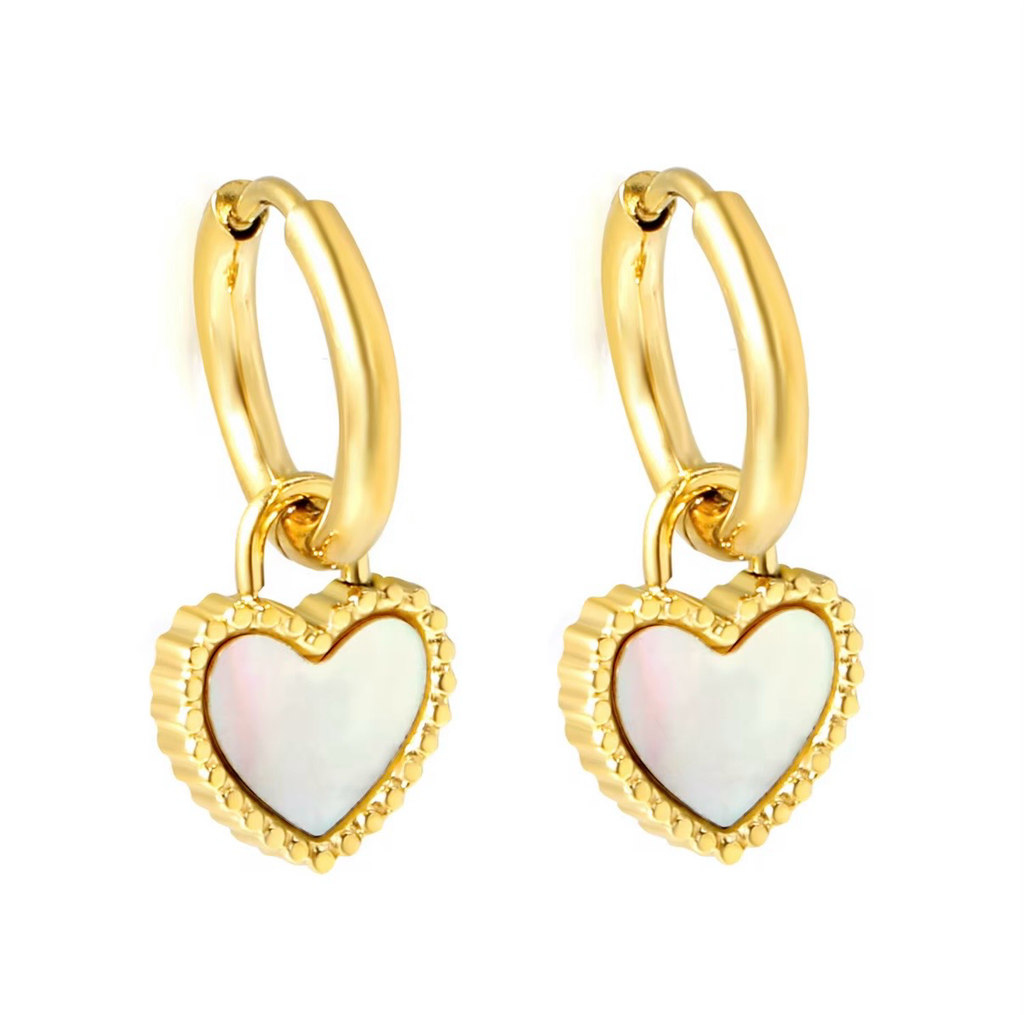 Gold Mother-of-Pearl Heart Hoop Earrings