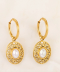 Gold Filigree Pearl Charm Hoop Earrings