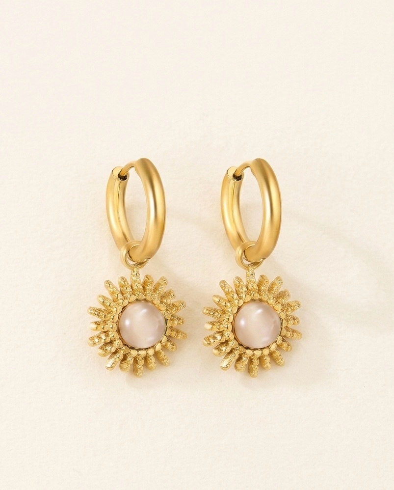 Gold Sunburst Moonstone Charm Hoop Earrings