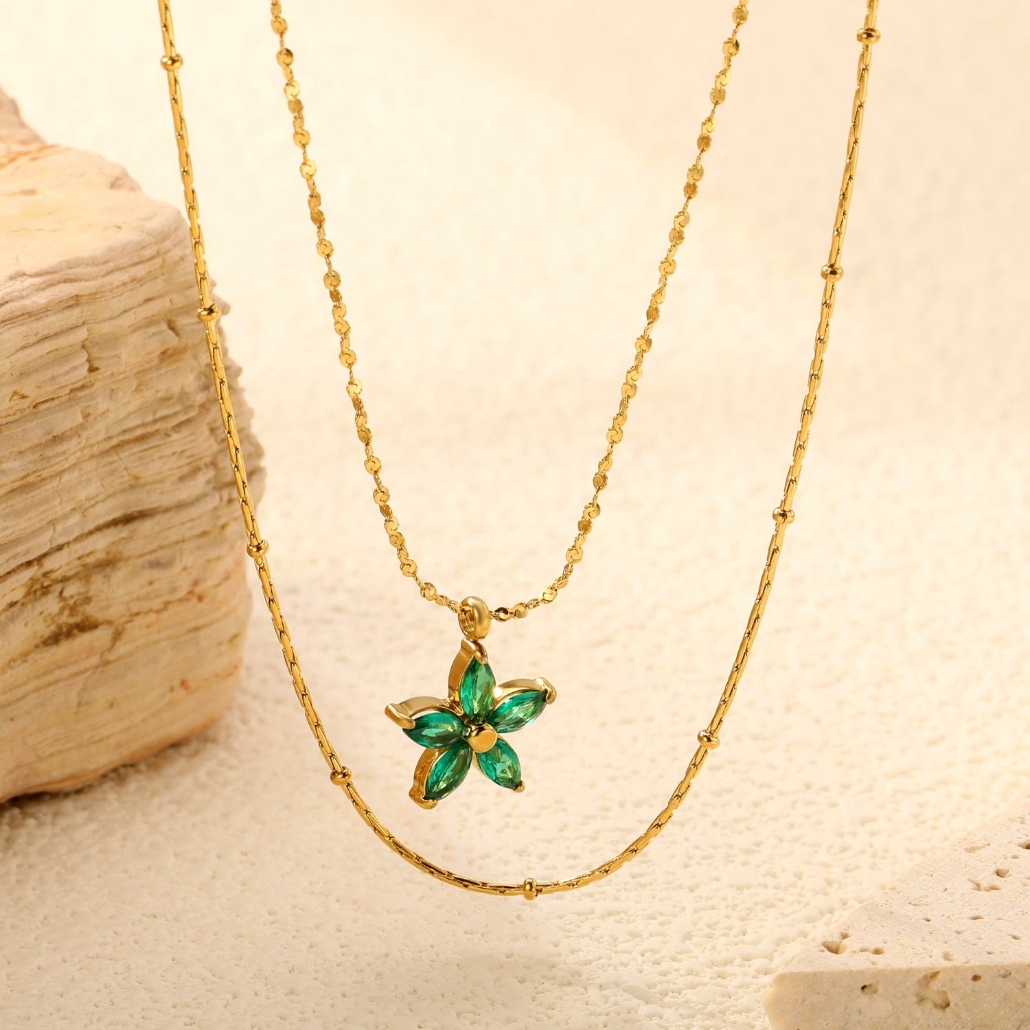 Emerald Flower Layered Necklace